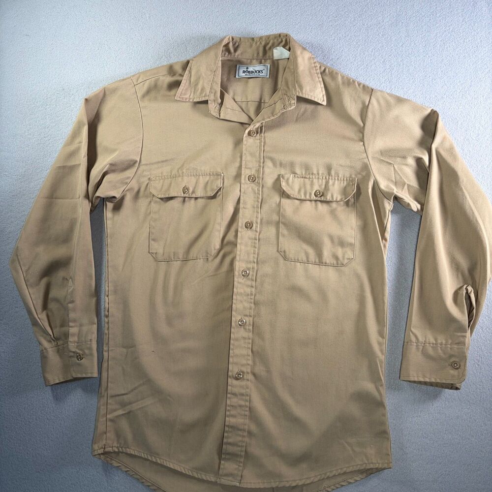 Rare Vintage 1980's-90's Roebucks Long Sleeve Twill Work Shirt Men's Size M Tan